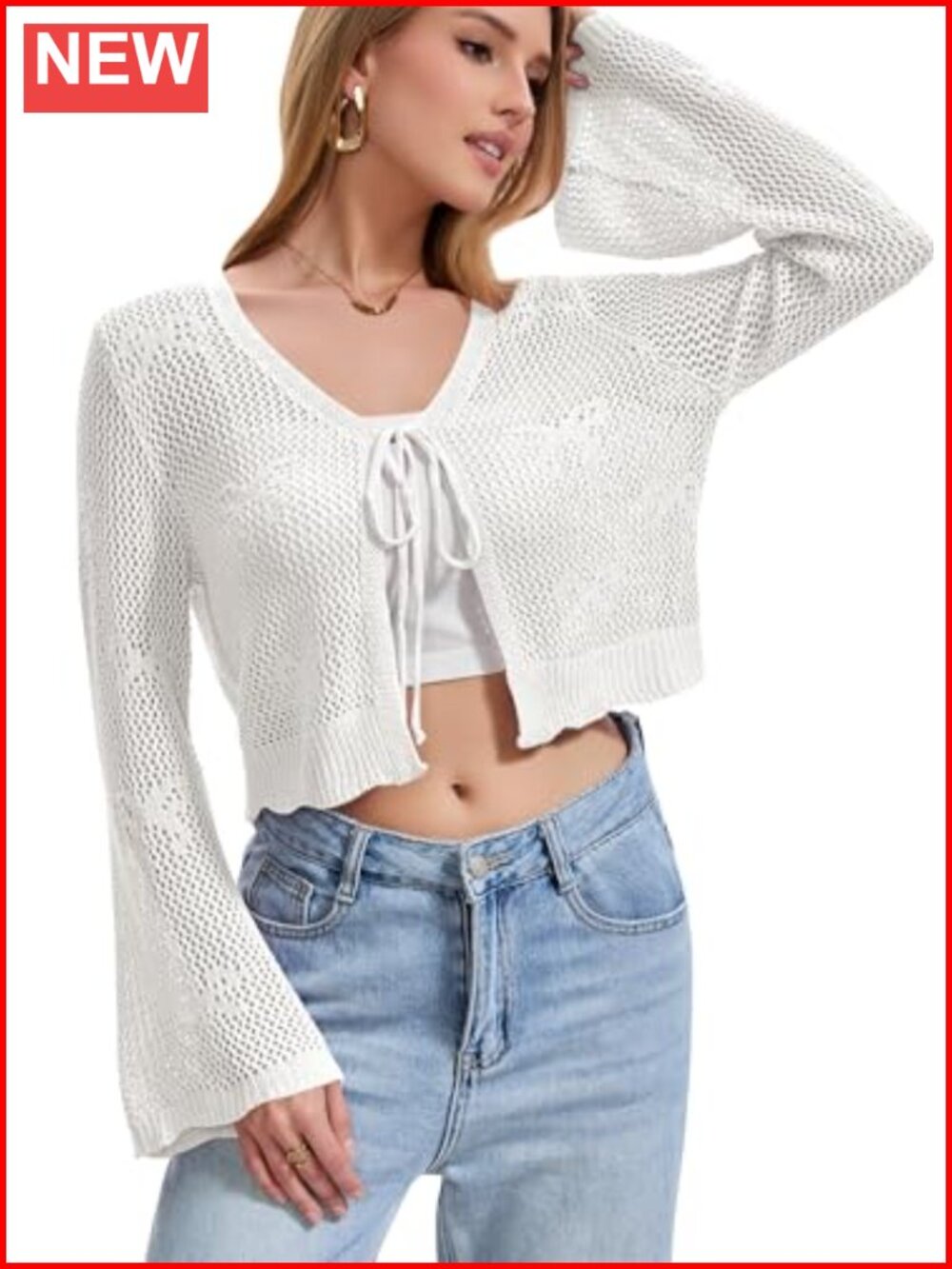 Crochet Tie Front Cardigan Shrug Bell Sleeve Bow Cropped Knit Top